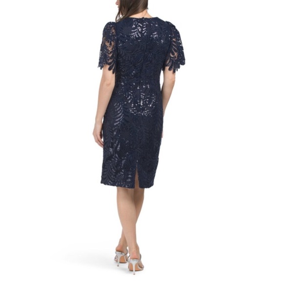 JS COLLECTIONS Navy Romy Lace Sequin Midi Dress With Scallop Detail - Picture 2 of 2
